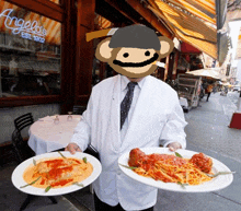 a man in a white coat is holding two plates of food in front of angelo 's