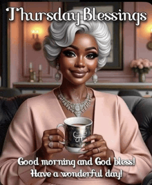 a woman holding a cup of coffee with the words thursday blessings written above her