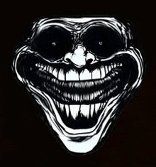 a black and white drawing of a troll face with a big smile and black eyes on a black background .