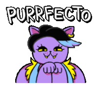 a cartoon of a purple cat with the words purrfecto written above it