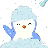 a cartoon penguin is taking a shower with soap bubbles on his head