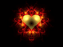 a heart surrounded by flames on a black background