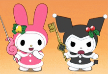 a pink bunny and a black bunny are standing next to each other holding keys