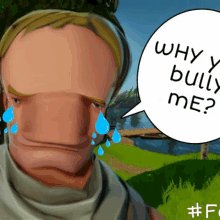 a cartoon of a man with tears in his eyes and a speech bubble that says " why you bully me "