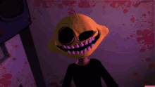 a cartoon character with a yellow face and purple teeth is standing in front of a bloody wall