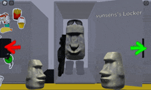 a screenshot of a video game called vunsens 's locker shows a statue with a gun