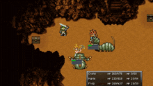 a video game screen shows a frog and a frog fighting a frog