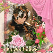 a picture of a man with horns and a pink rose with the word bisous on it