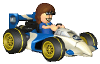 a cartoon character is driving a blue and white race car with the word mii on the wing