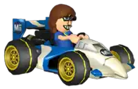 a cartoon character is driving a blue and white race car with the word mii on the wing