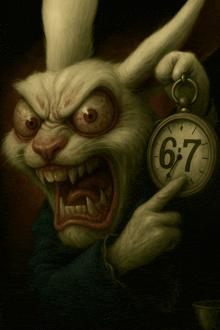 a rabbit is holding a clock that says 6:27