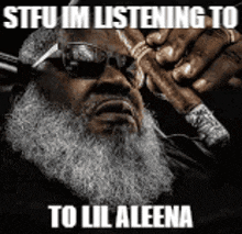 a man with a beard is smoking a cigar and wearing sunglasses and a meme .