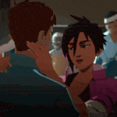 a woman in a pink jacket is touching a man 's face in a cartoon