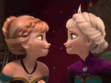 two cartoon characters , anna and elsa , are looking at each other and smiling .