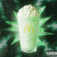 a mcdonald 's milkshake with whipped cream and a parental advisory label