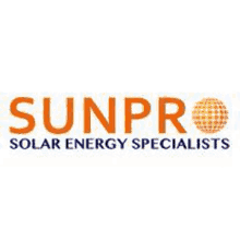 the sunpro solar energy specialists logo is orange and blue and says solar energy specialists .