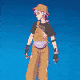 a pixel art of a girl wearing overalls and a baseball cap