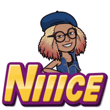 a cartoon of a woman with glasses and a blue hat standing next to the word nice