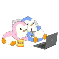 two penguins are sitting next to each other with a bag of chips in front of them