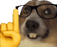 a dog wearing glasses and a yellow hand is giving a thumbs up .