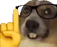 a dog wearing glasses and a yellow hand is giving a thumbs up .