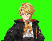 a boy with blonde hair and blue eyes is wearing a black coat