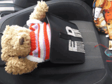 a teddy bear wearing a striped sweater is holding a black purse with the letter r on it