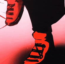 a drawing of a person wearing red shoes with the letter m on the bottom