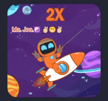 a cartoon of an astronaut on a rocket with the number 2x