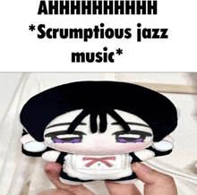 a person is holding a stuffed doll that says scrumptious jazz music on it