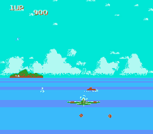 a video game screen shows a plane flying over a body of water with a score of 900