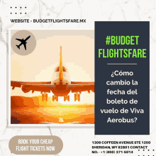 an advertisement for budget flights fare with an airplane taking off