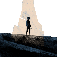 a silhouette of a person standing in front of a tower