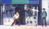 a man holding a light saber in front of a store called shiraho