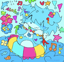 a colorful drawing of a wolf with the word aloha written on the bottom