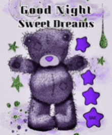 a purple teddy bear is sitting on a purple background and says good night sweet dreams