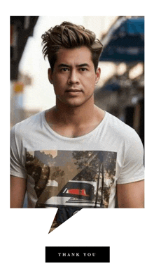 a man wearing a t-shirt with a picture of a car on it and a thank you speech bubble