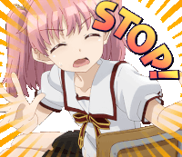 a girl with pink hair is sitting in a chair with the word stop above her head