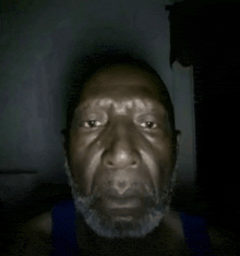 a man with a beard and a blue tank top looks at the camera in the dark .