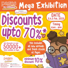 an advertisement for a mega exhibition at pages bookshop