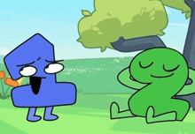 a blue number 1 and a green number 2 are standing next to each other with their eyes closed