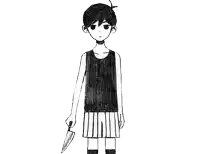 a black and white drawing of a boy holding a large knife .