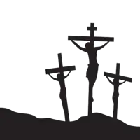 three silhouettes of jesus on a cross on a hillside