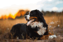 a dog with its tongue out is laying in a field