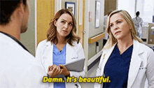 two female doctors are talking to each other in a hospital hallway and one of them is saying " damn it 's beautiful "