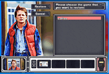 a computer screen shows a man in a red vest and says please choose the game that you want to restore cancel and coffee