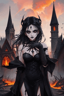 a woman in a black dress with horns stands in front of a burning castle