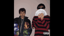 two men holding money in front of their faces with a parental advisory explicit content