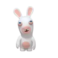 a stuffed rabbit with blue eyes and a pink nose