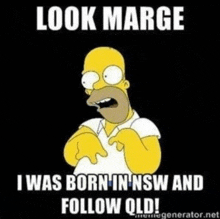 a cartoon of homer simpson with the caption look marge i was born in nsw and follow old !